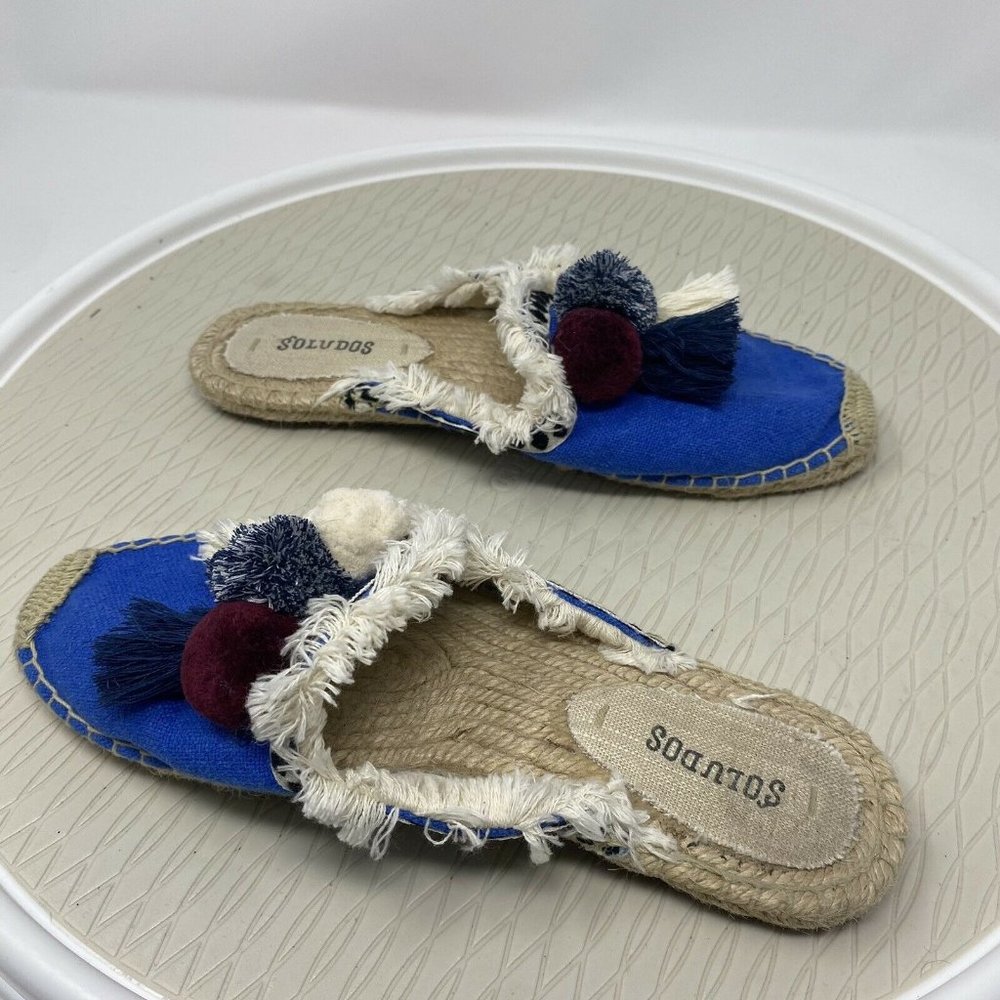 Soludos Slip On Shoes 7.5 Pom Pom Mule Blue Frayed Embellished Canvas Vegan - Picture 7 of 10